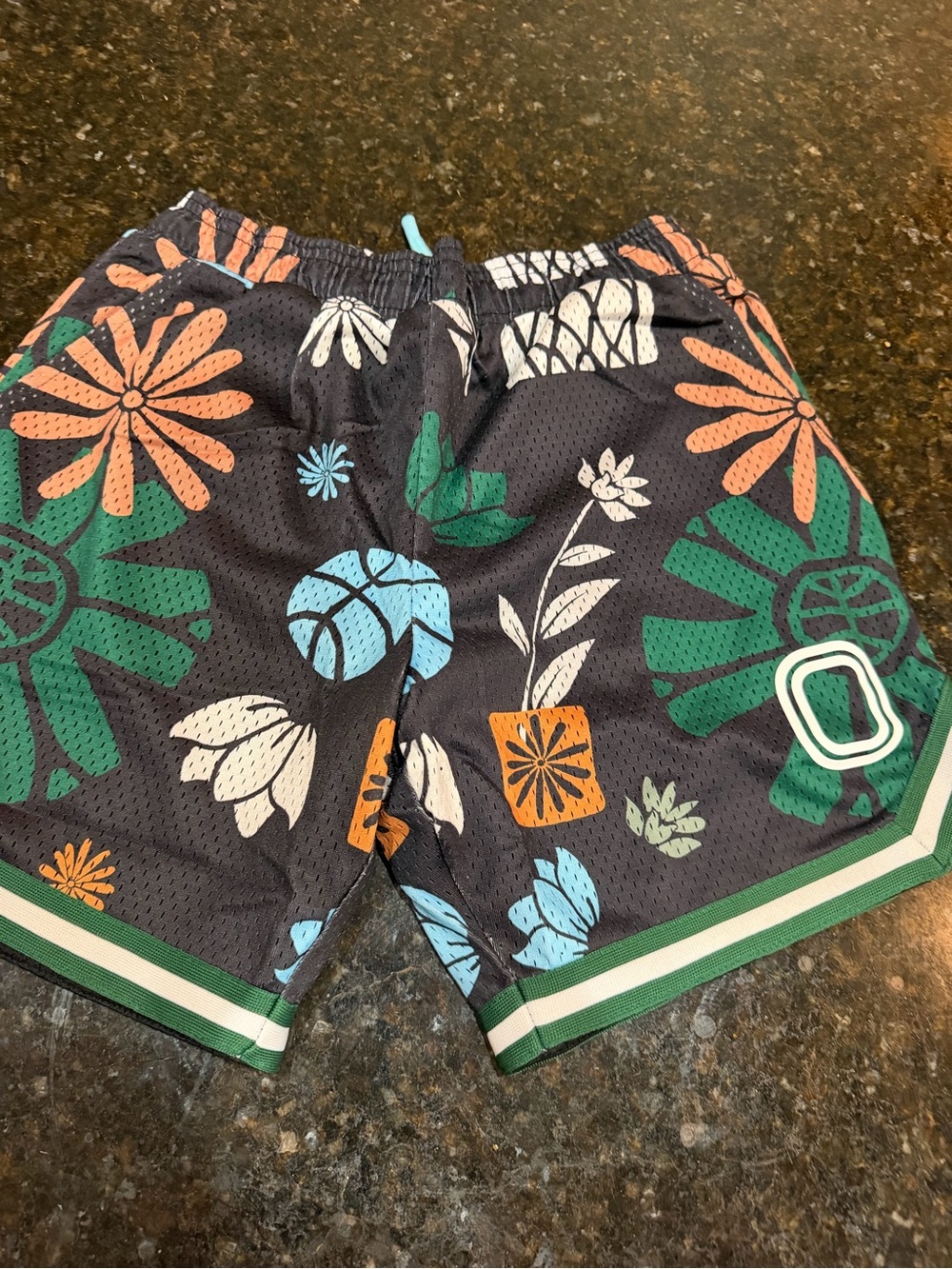 Kids Floral Print Athletic Shorts - Black with Green & Orange